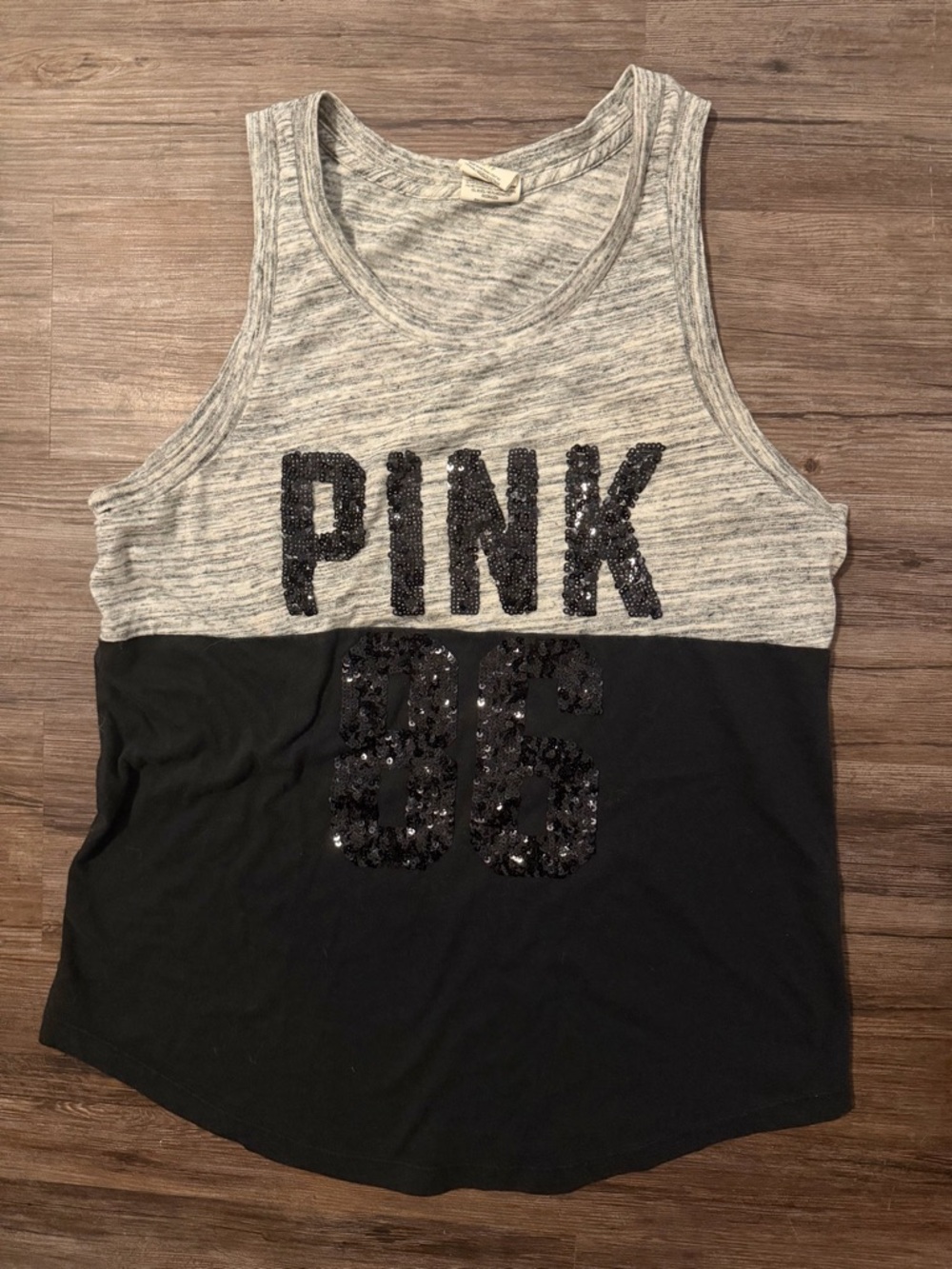 PINK Victoria's Secret Heather Gray Tank with Black Sequin Logo